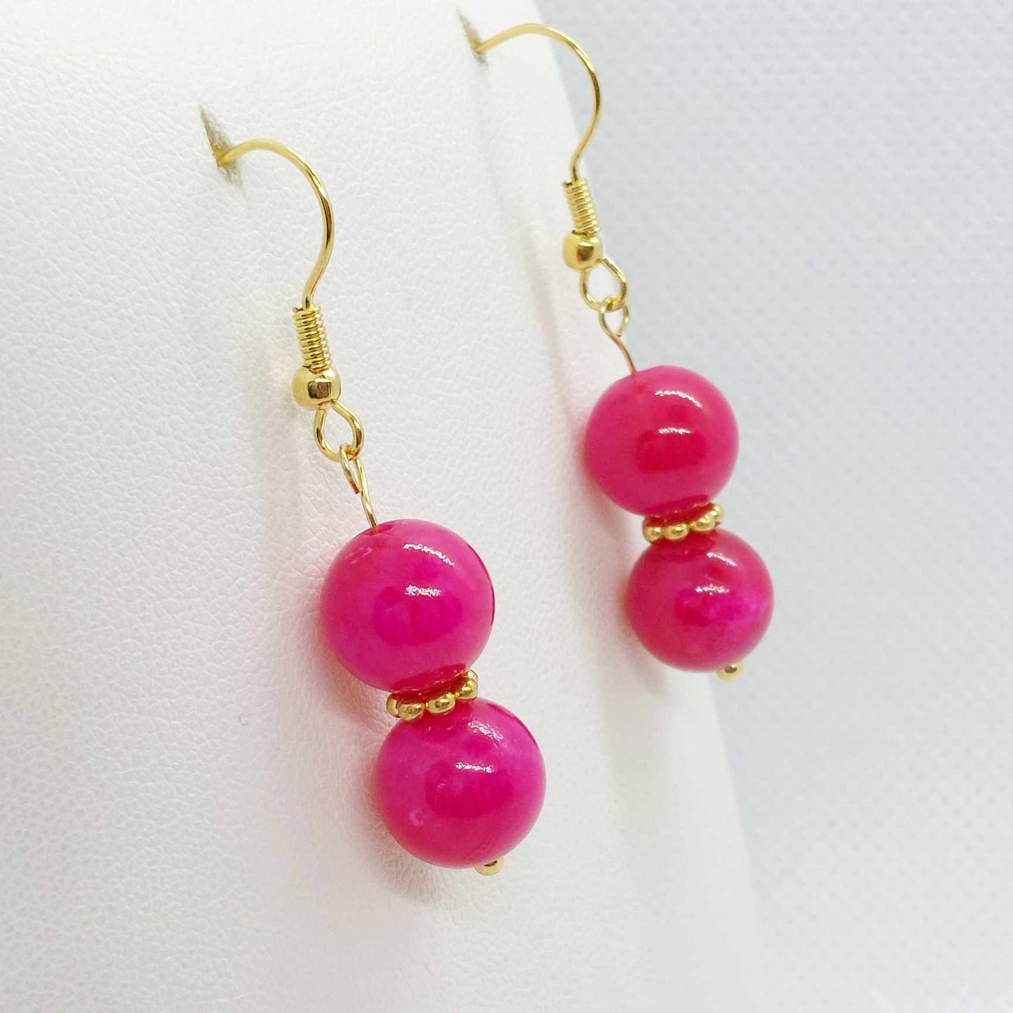 Natural Pink Chalcedony Dangle Earrings with 10mm Stones in Stainless Steel Gold Plated