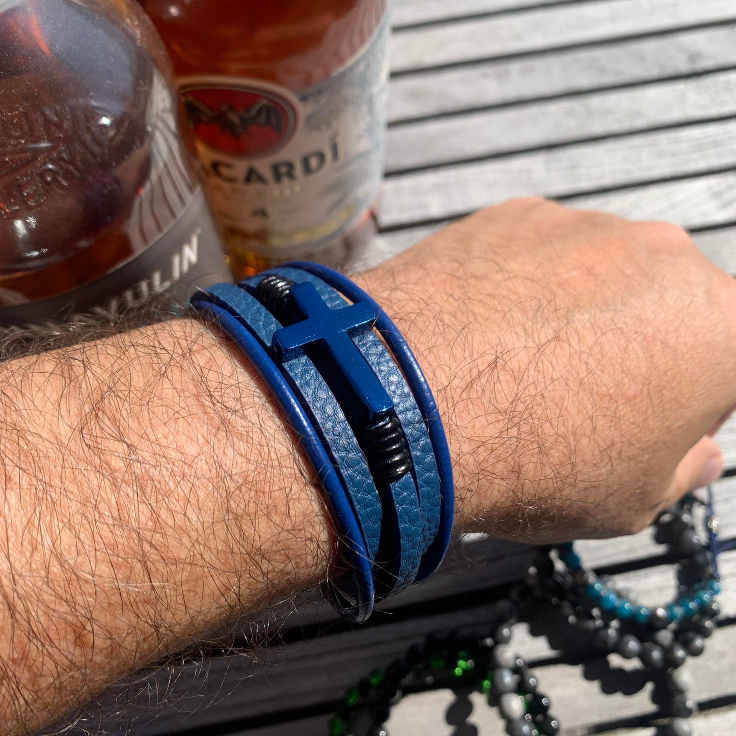 Multi Layer Blue Leather Bracelet  with Cross for Men