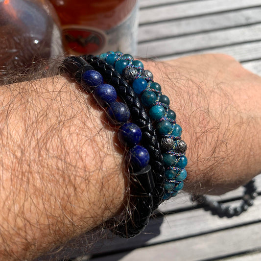 Black Braided with Lapis and Apatite Bead Bracelet for Men