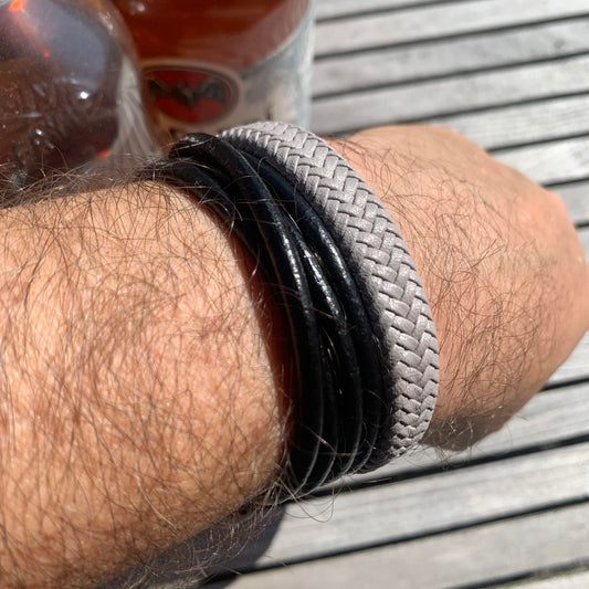 Black Leather Rope and Grey Braided Leather Bracelet for Men