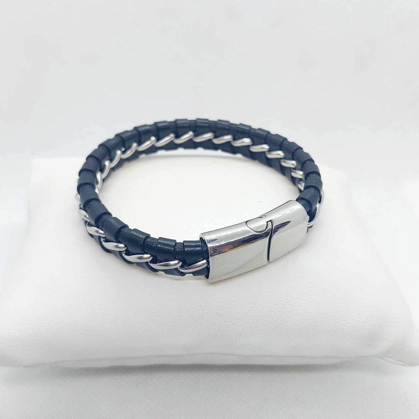 Black and Silver Braided and Grey Jasper Bead Bracelets for Men