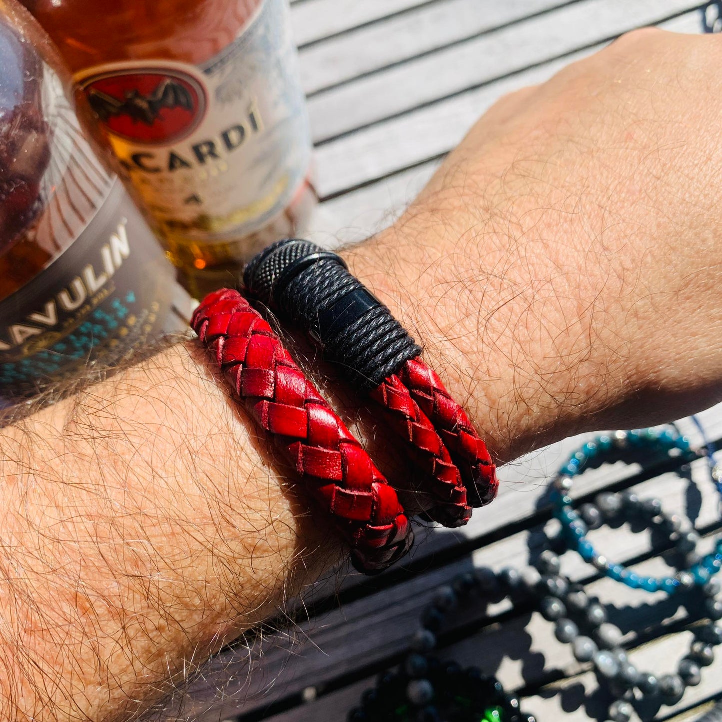 Red Braided Leather Bracelet for Men