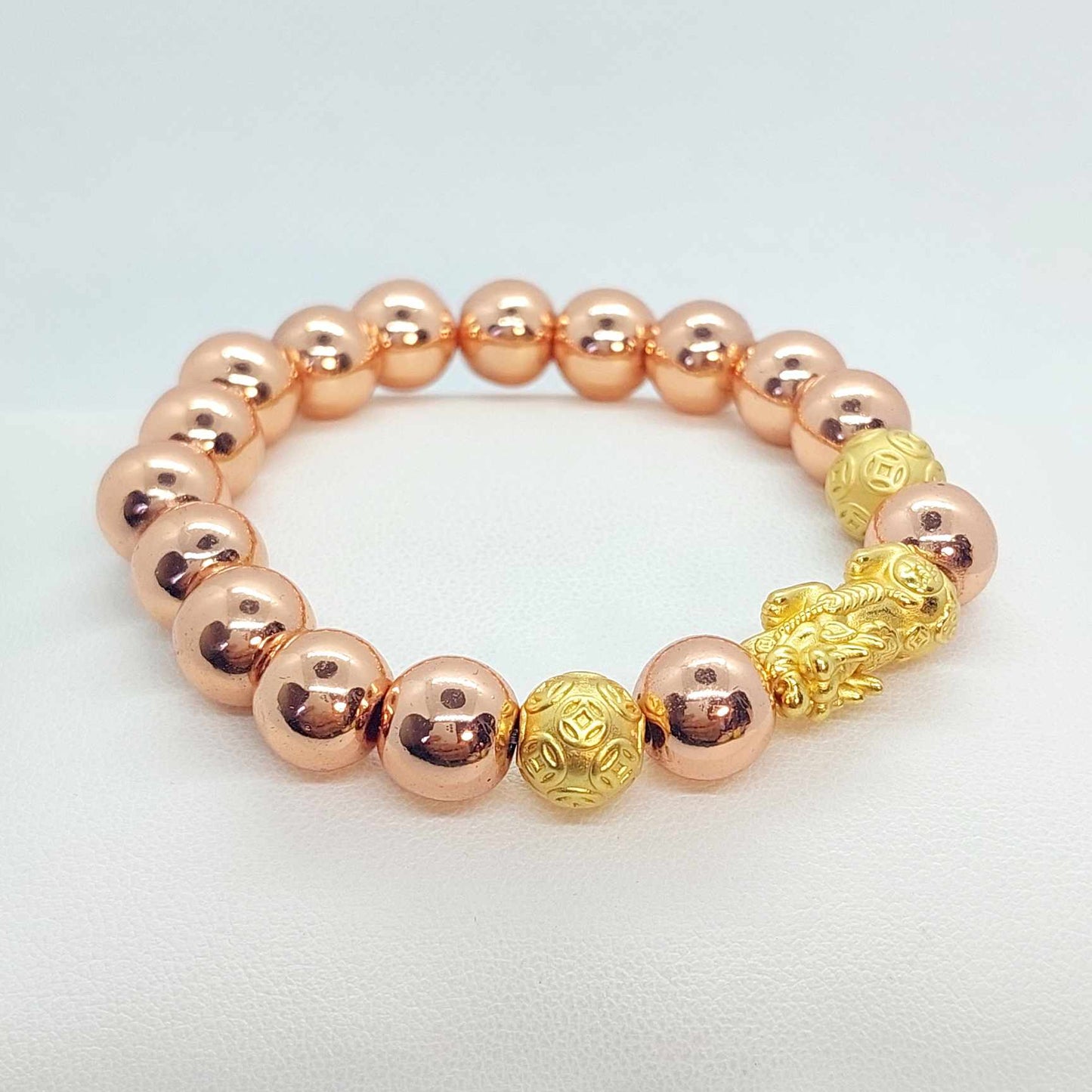 Natural Hematite Bracelet colored rose gold in 10mm Stones with Big Pixiu