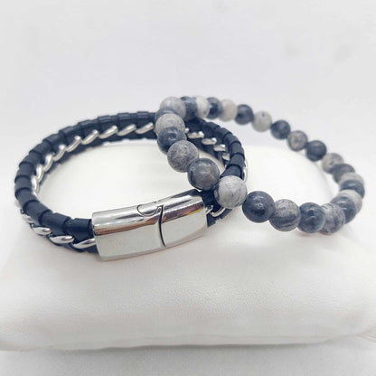 Black and Silver Braided Leather and Grey Jasper Bead Bracelets for Men