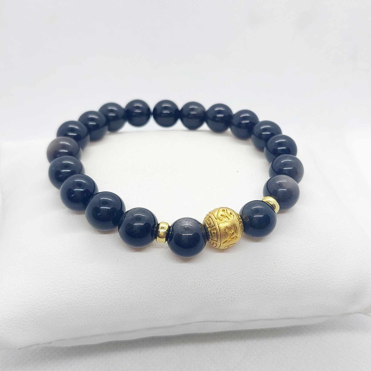 Black Braided Leather with Gold and Obsidian Bead Bracelet for Men