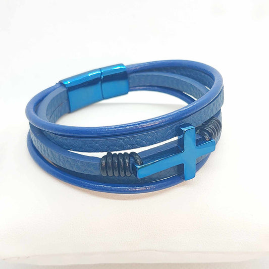 Multi Layer Blue Leather Bracelet  with Cross for Men