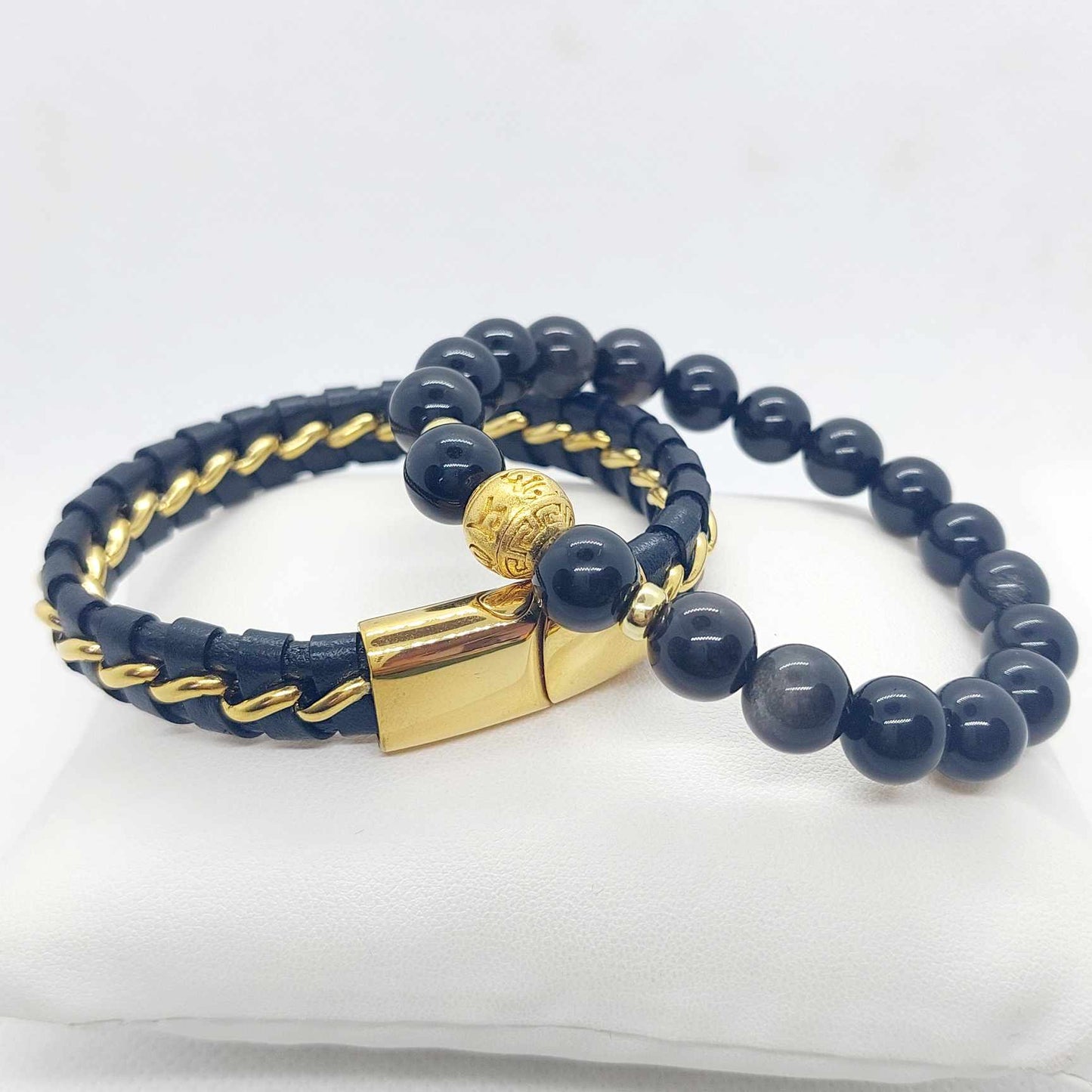 Black Braided Leather with Gold and Obsidian Bead Bracelet for Men