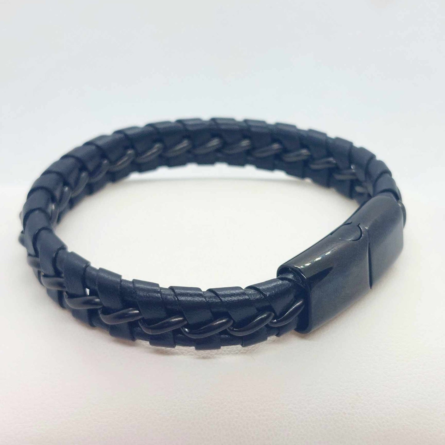 Black Braided Leather and Stainless Steel with Lava Bead Bracelet for Men