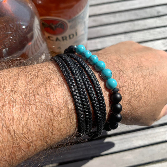 Multi Layer Black Leather Band and Black Onyx with Turquoise Bead Bracelet for Men