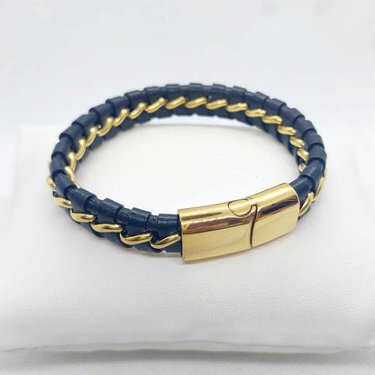 Black Braided Leather with Gold and Obsidian Bead Bracelet for Men