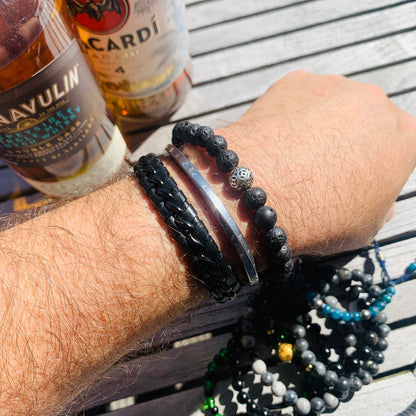 Black Braided Leather and Stainless Steel with Lava Bead Bracelet for Men
