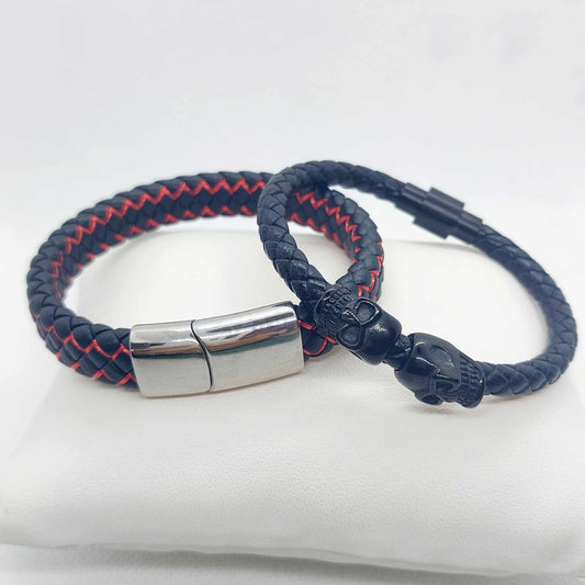 Black and Red Braided and Braided with Skulls Bracelet for Men