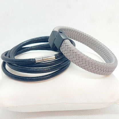 Black Leather Rope and Grey Braided Leather Bracelet for Men
