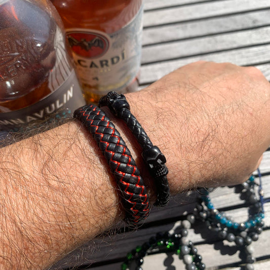 Black and Red Braided and Braided with Skulls Bracelet for Men