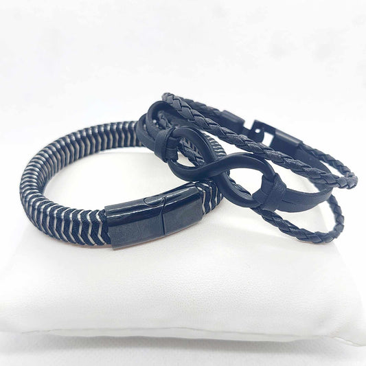 Black and White Braided and Black Multi Layer Leather with Infinity Bracelet for Men