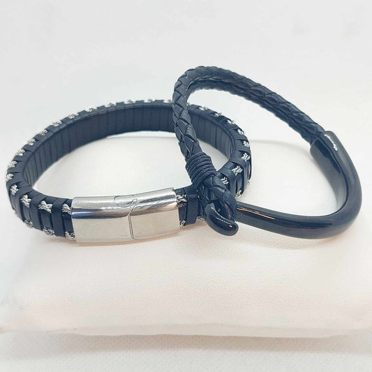 Black with Silver Braided Leather and Hook Bracelet for Men