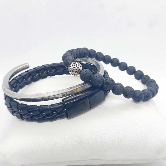 Black Braided Leather and Stainless Steel with Lava Bead Bracelet for Men