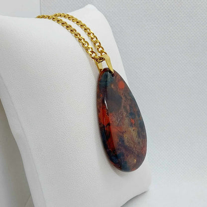 Natural Rainbow Jasper Pendant with Gold Plated Stainless Steel Chain Necklace