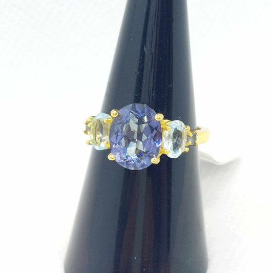 Natural Mystic Quartz and 2,4ct Sky Blue Topaz Ring in Sterling Silver Gold Plated