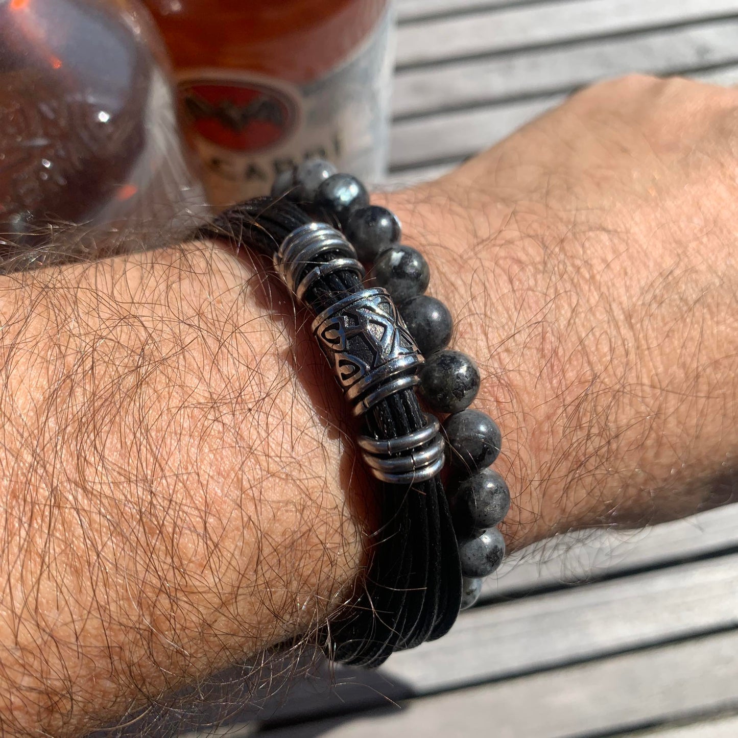 Multi Leather Band and Grey Jasper Bead Bracelet for Men