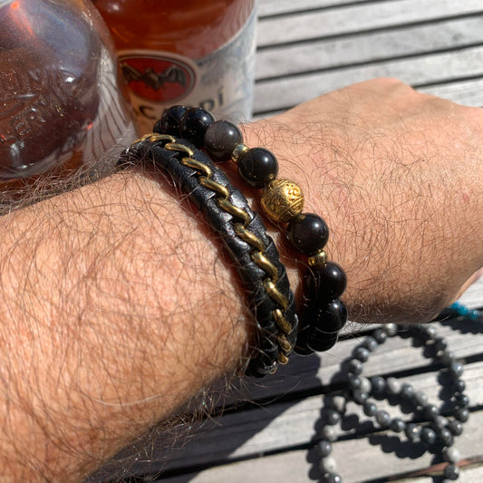 Black Braided Leather with Gold and Obsidian Bead Bracelet for Men
