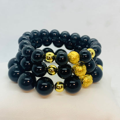 Natural Black Obsidian Bracelet in 10-12-14 mm Stones