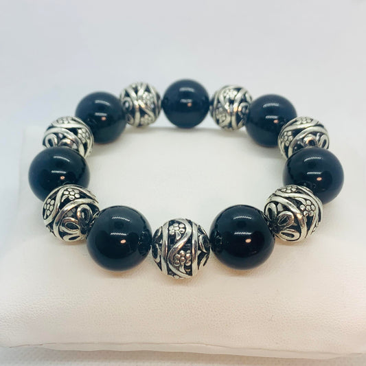 Natural Black Obsidian and Silver Bead Bracelet in 16mm Stones