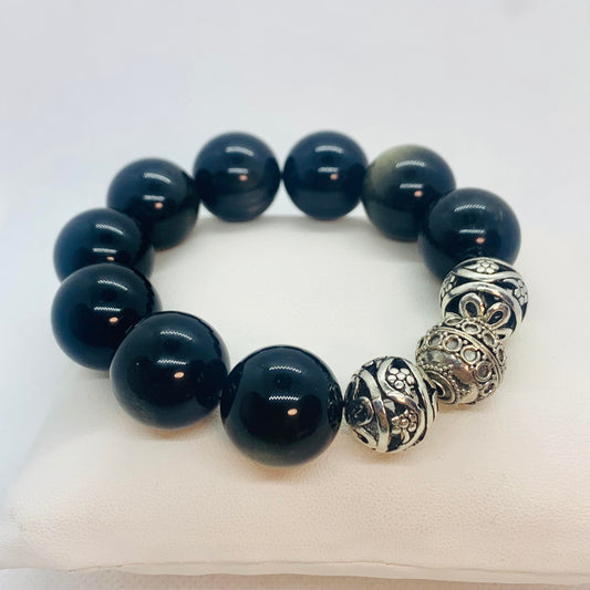 Natural Golden Obsidian and Silver Bead Bracelet in 18mm Stones