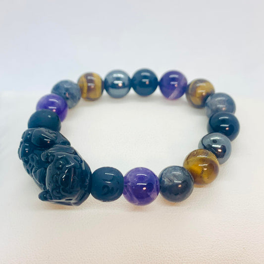 Natural Mixed Protection Stone Bracelet in 10mm Stones with Obsidian, Amethyst, Hematite, Tiger Eye and Labradorite