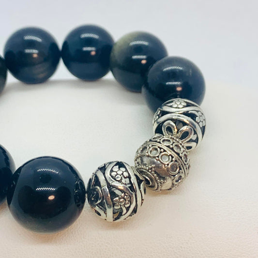 Natural Golden Obsidian and Silver Bead Bracelet in 18mm Stones