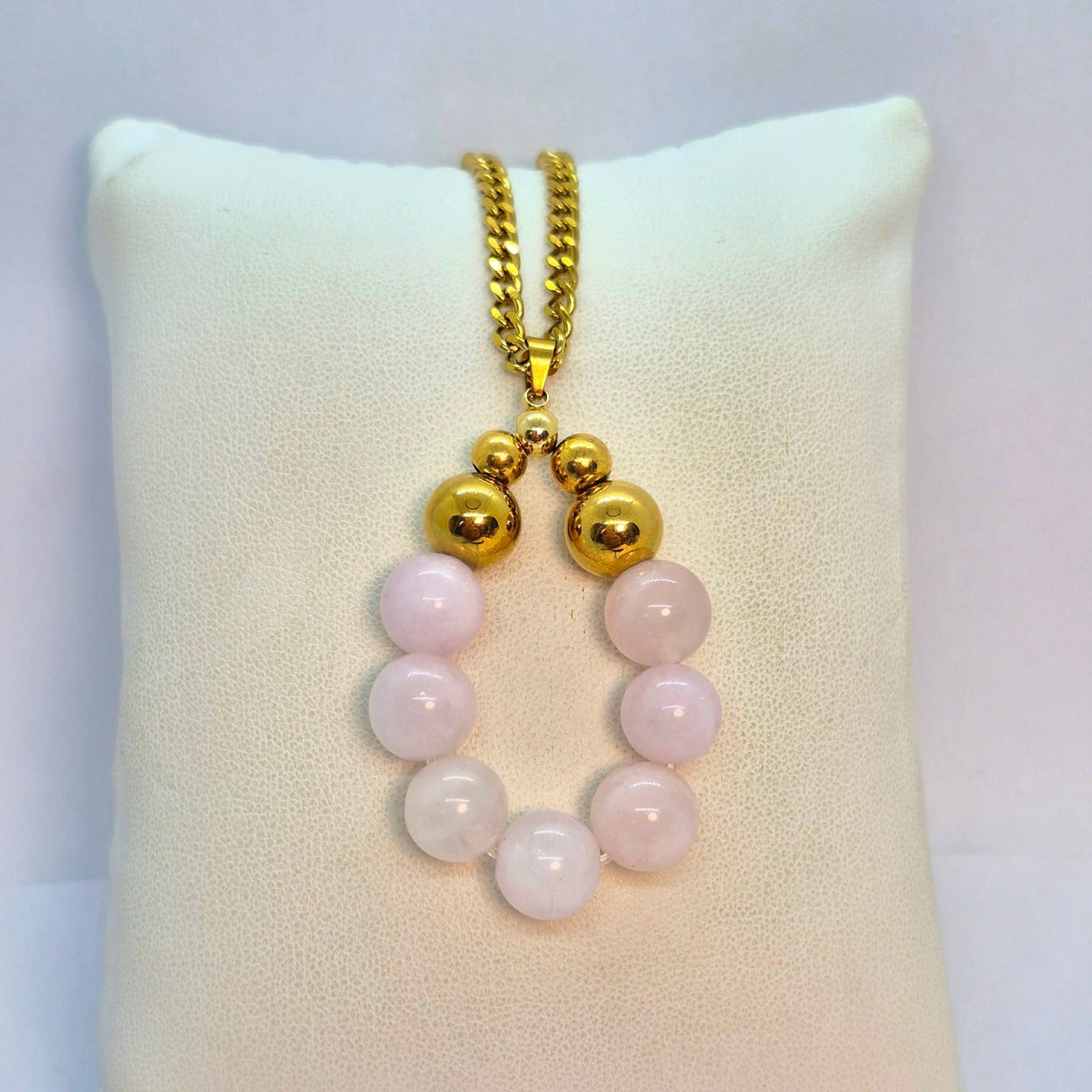 Circle of Natural Rose Quartz Pendant with Gold Plated Stainless Steel Chain Necklace