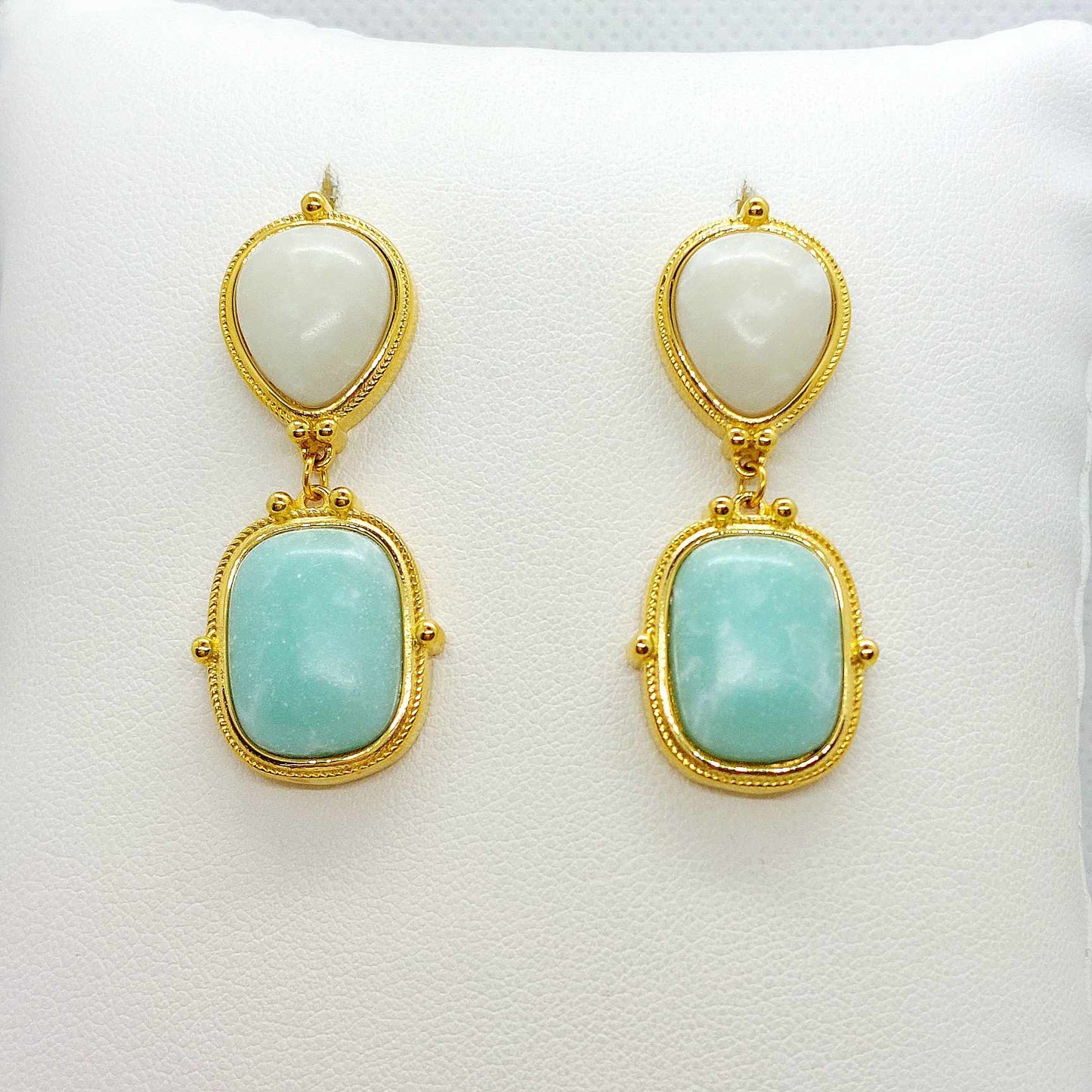 Natural White Jade and Amazonite Dangle Stud Earrings in Stainless Steel Gold Plated