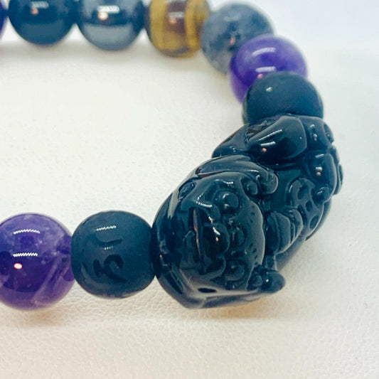 Natural Mixed Protection Stone Bracelet in 10mm Stones with Obsidian, Amethyst, Hematite, Tiger Eye and Labradorite