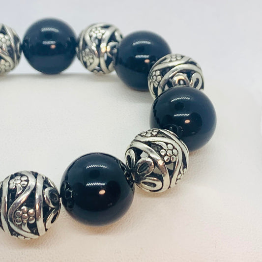 Natural Black Obsidian and Silver Bead Bracelet in 16mm Stones