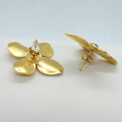 FLower with Natural Jasper Stud Earrings in Stainless Steel Gold Plated