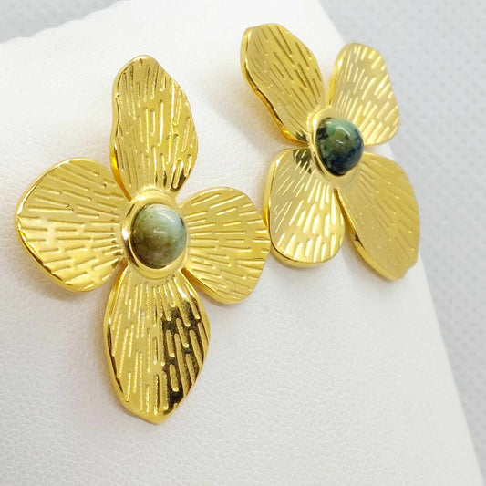 FLower with Natural Jasper Stud Earrings in Stainless Steel Gold Plated
