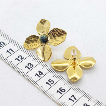FLower with Natural Jasper Stud Earrings in Stainless Steel Gold Plated