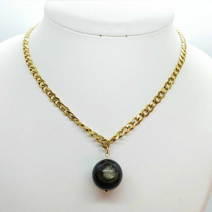 Natural Golden Obsidian 20mm Stone Pendant with Stainless Steel Chain Necklace Gold Plated