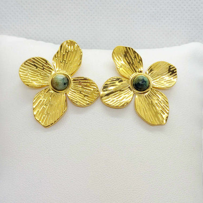 FLower with Natural Jasper Stud Earrings in Stainless Steel Gold Plated