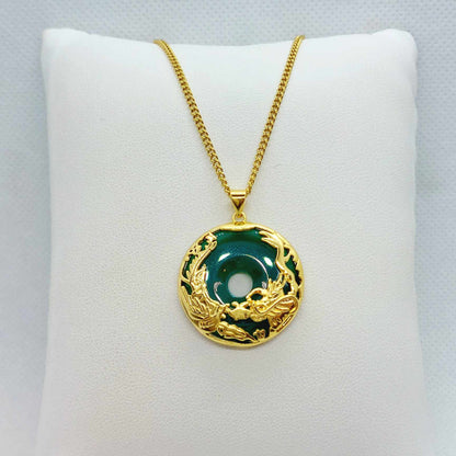 Natural Hetian Jade Dragon & Phoenix Pendant and chain necklace in Gold Plated Sterling Silver