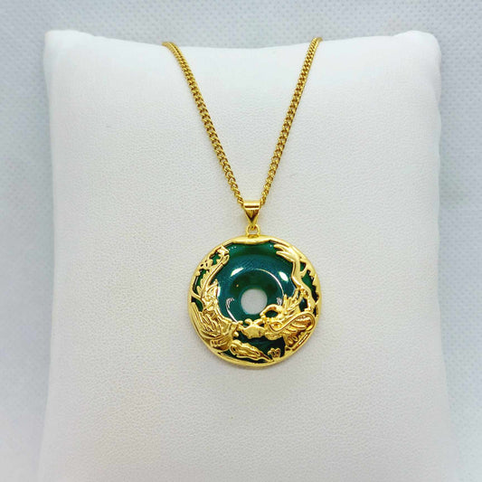 Natural Hetian Jade Dragon & Phoenix Pendant with Gold Plated Stainless Steel Chain Necklace