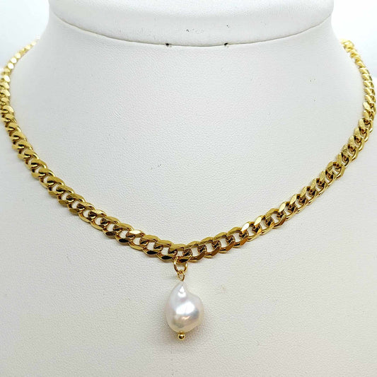 Natural Freshwater Pearl Pendant with Stainless Steel Chain Necklace Gold Plated
