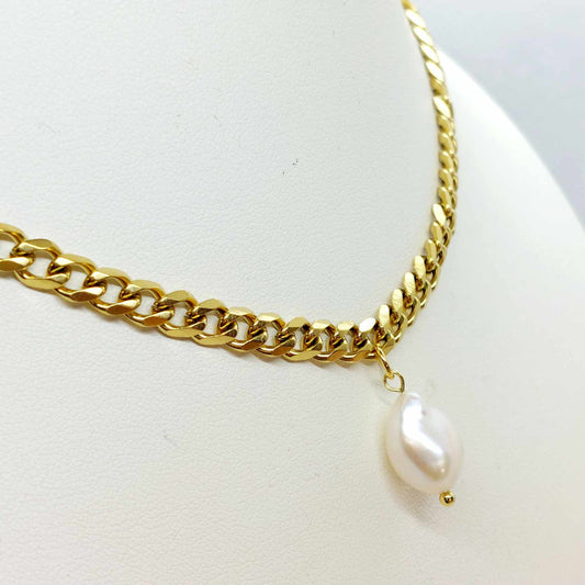 Natural Freshwater Pearl Pendant with Stainless Steel Chain Necklace Gold Plated