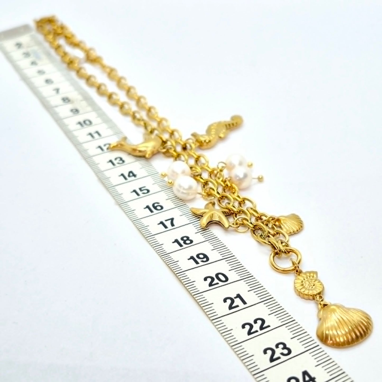 Sea Themed Necklace with Natural Pearls in Stainless Steel Gold Plating