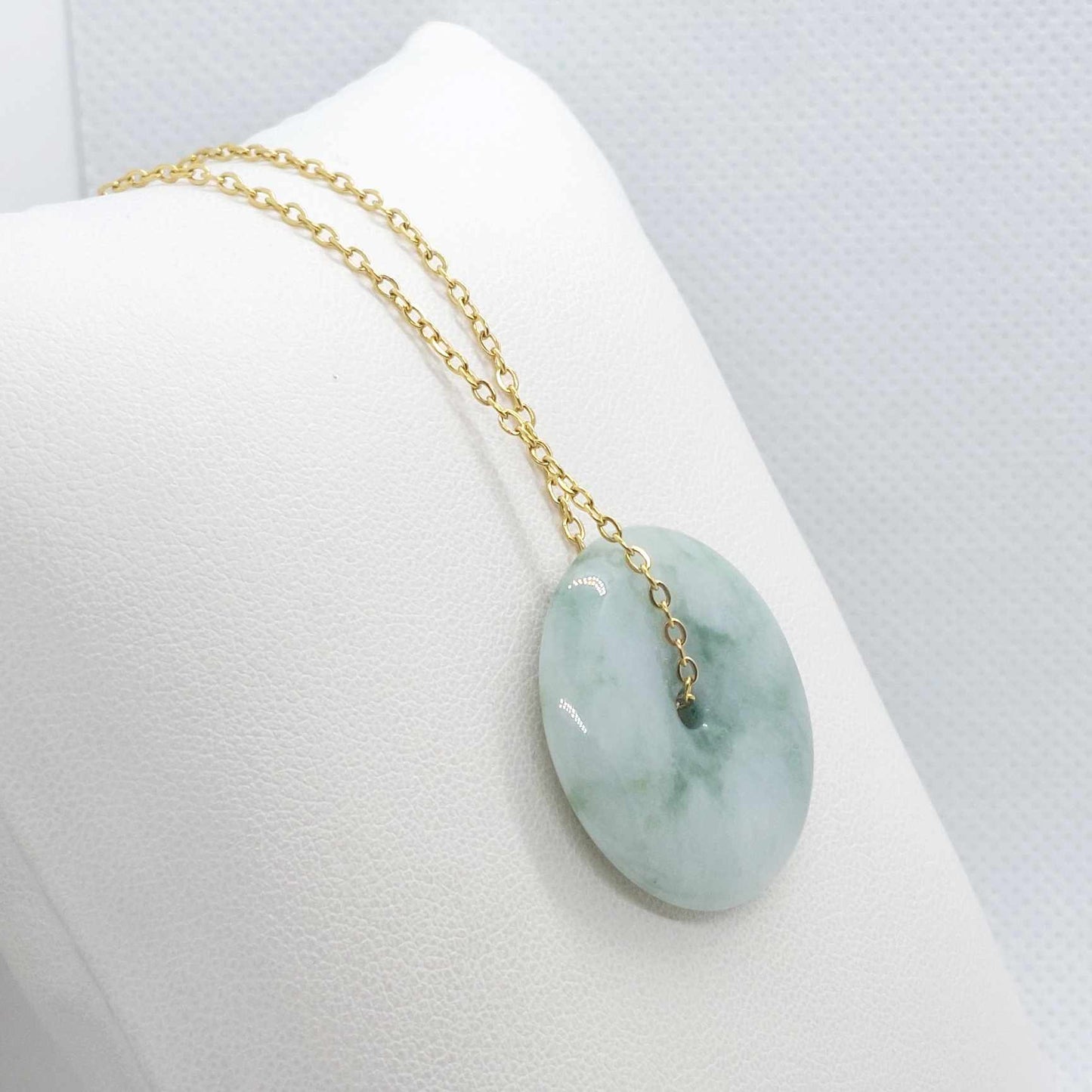 Natural Jadeite Donut Pendant with Stainless Steel Chain Necklace Gold Plated