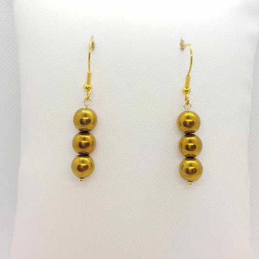 Natural 8mm Hematite Dangle Earrings Colored Gold in Stainless Steel Gold Plated