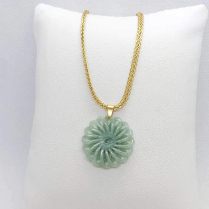 Natural Burmese Jade Flower of Life Pendant with Gold Plated Stainless Steel Chain Necklace