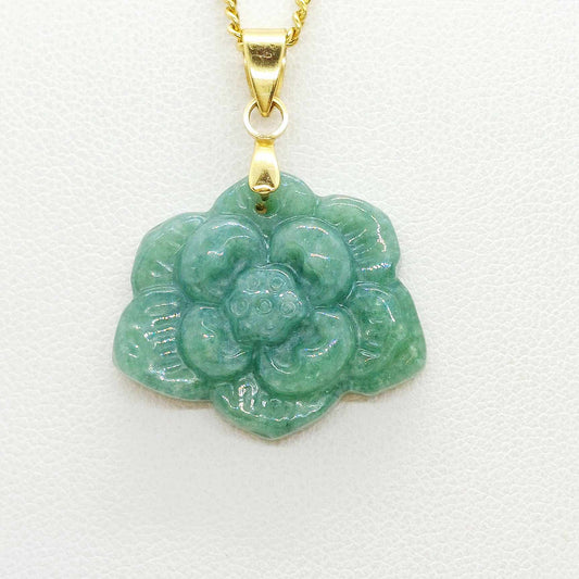 Natural Burmese Jade Lotus Flower Pendant with Gold Plated Stainless Steel Chain Necklace