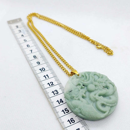 Natural Light Green Chinese Jade Dragon and Phoenix Pendant with Gold Plated Stainless Steel Chain Necklace
