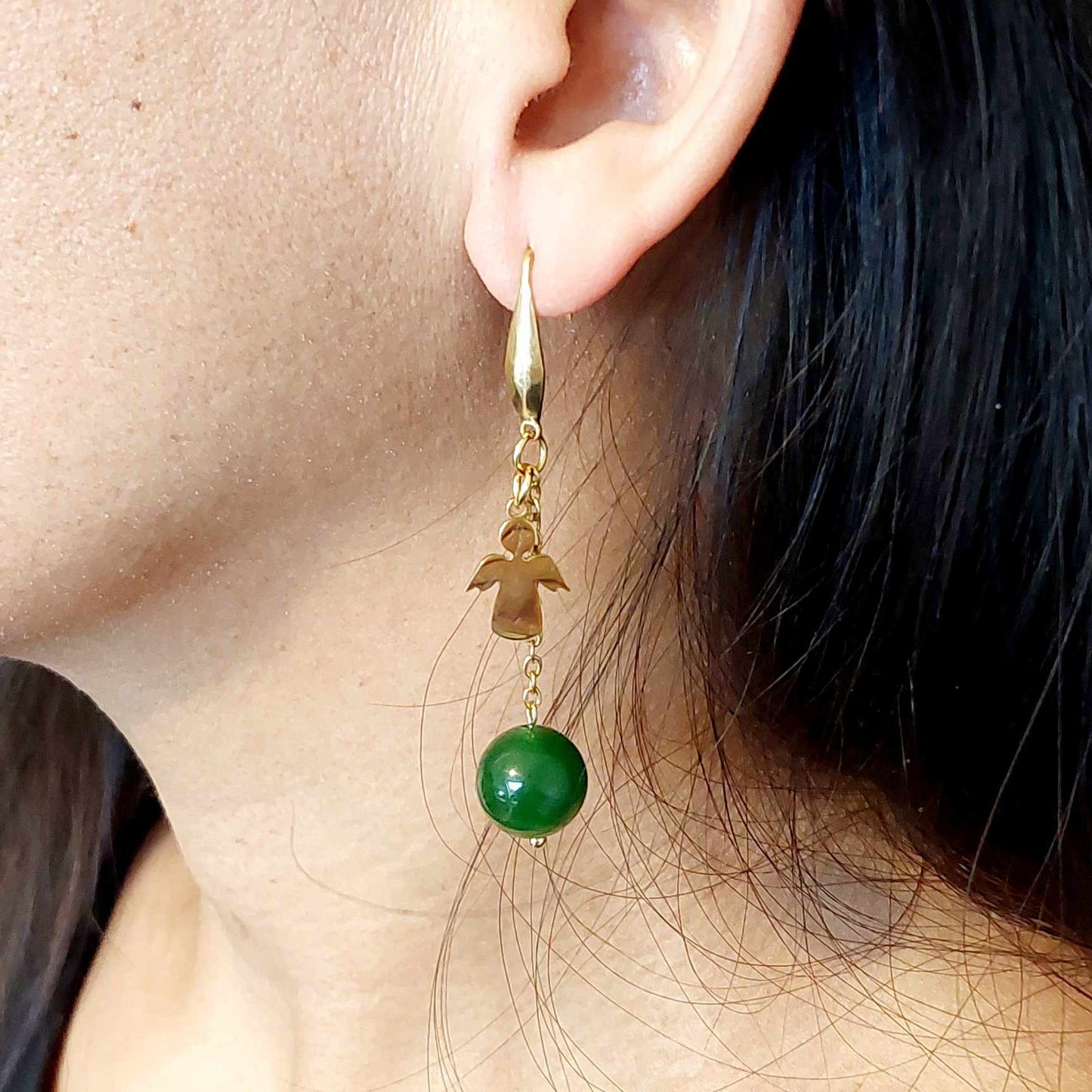 Natural Hetian Jade Dangle Earrings in Gold Plated Stainless Steel